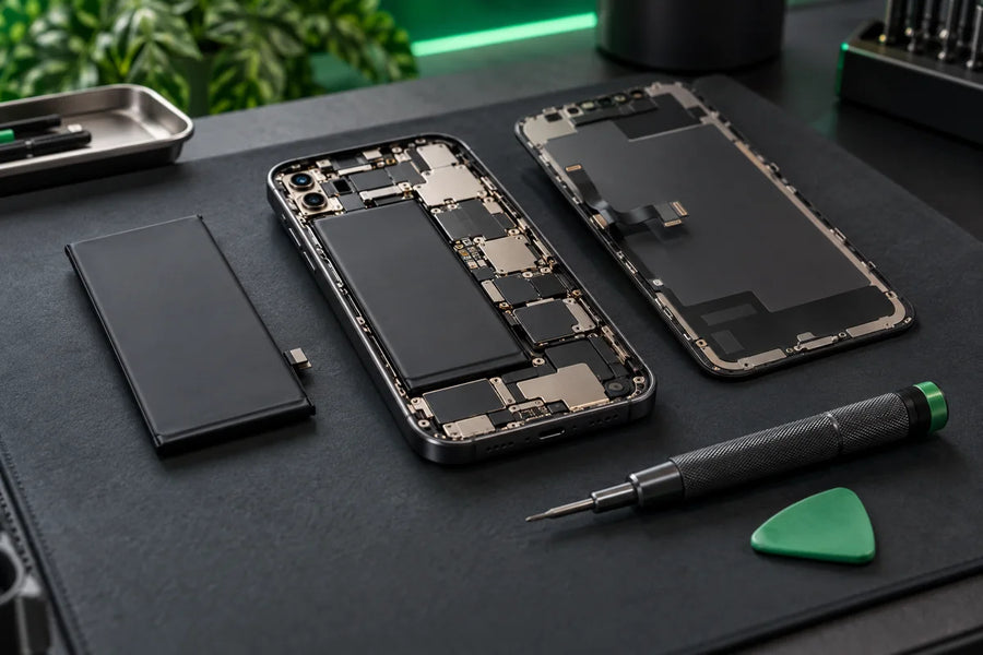 Illustration d’un smartphone ouvert avec sa batterie et des outils de réparation.