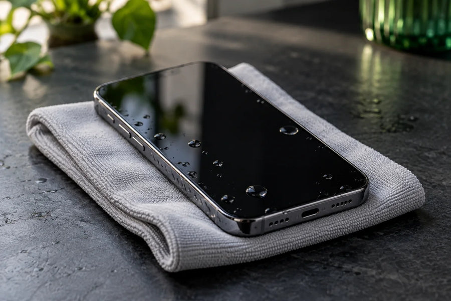 Illustration d’un téléphone éteint après contact avec l’eau, posé sur un chiffon, sans câble branché.